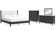 Cadmori King Upholstered Panel Bed with Mirrored Dresser and Chest