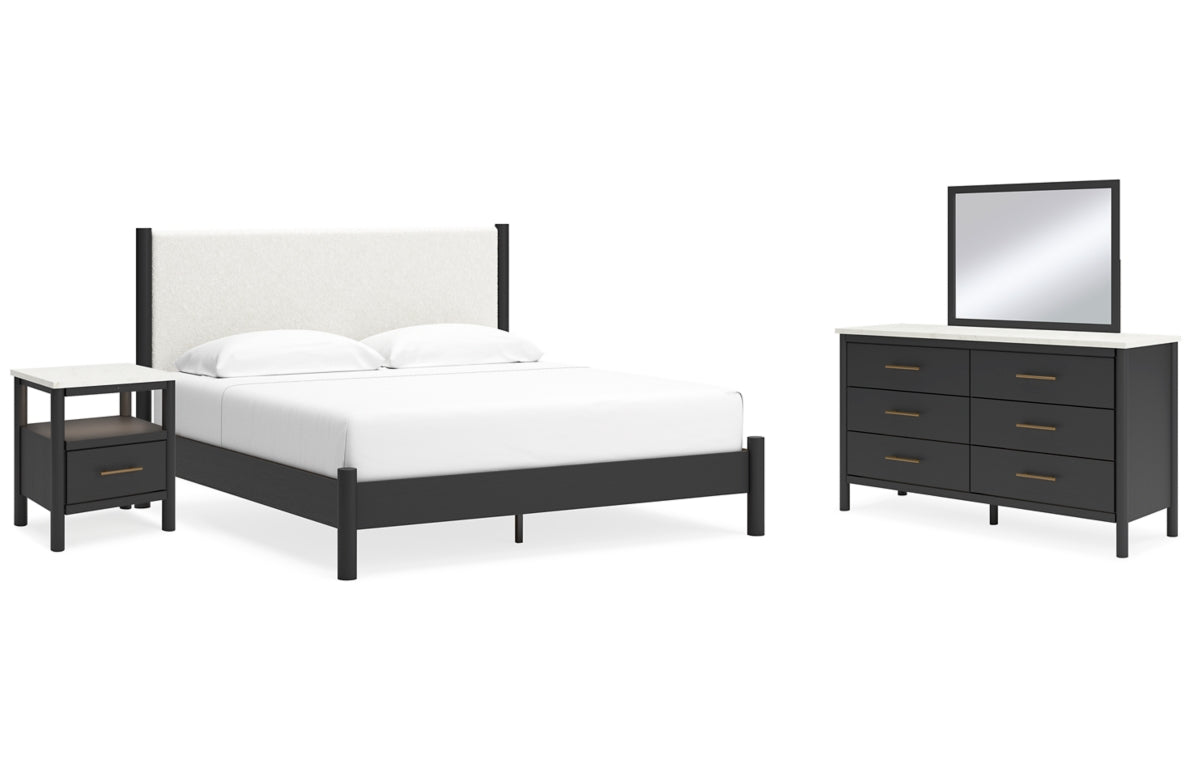 Cadmori King Upholstered Panel Bed with Mirrored Dresser and Nightstand
