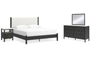 Cadmori King Upholstered Panel Bed with Mirrored Dresser and Nightstand