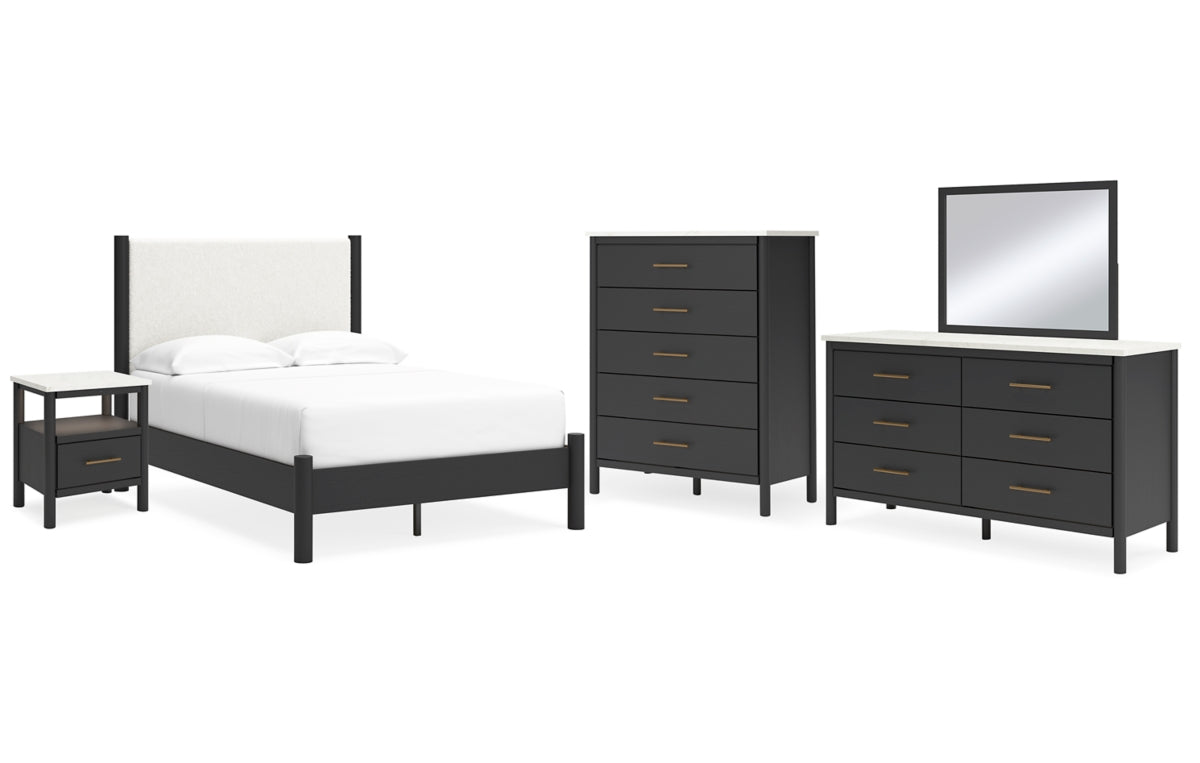 Cadmori Full Upholstered Panel Bed with Mirrored Dresser, Chest and Nightstand