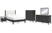 Cadmori Full Upholstered Panel Bed with Mirrored Dresser, Chest and Nightstand