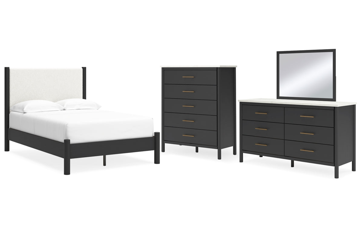 Cadmori Full Upholstered Panel Bed with Mirrored Dresser and Chest