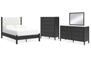 Cadmori Full Upholstered Panel Bed with Mirrored Dresser and Chest