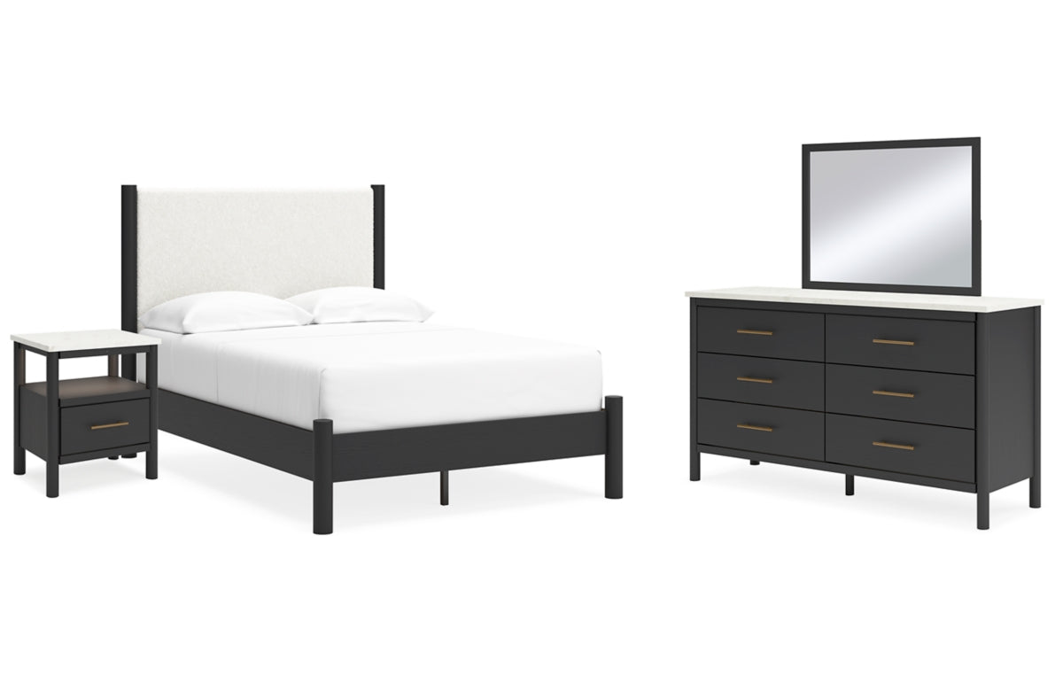 Cadmori Full Upholstered Panel Bed with Mirrored Dresser and Nightstand