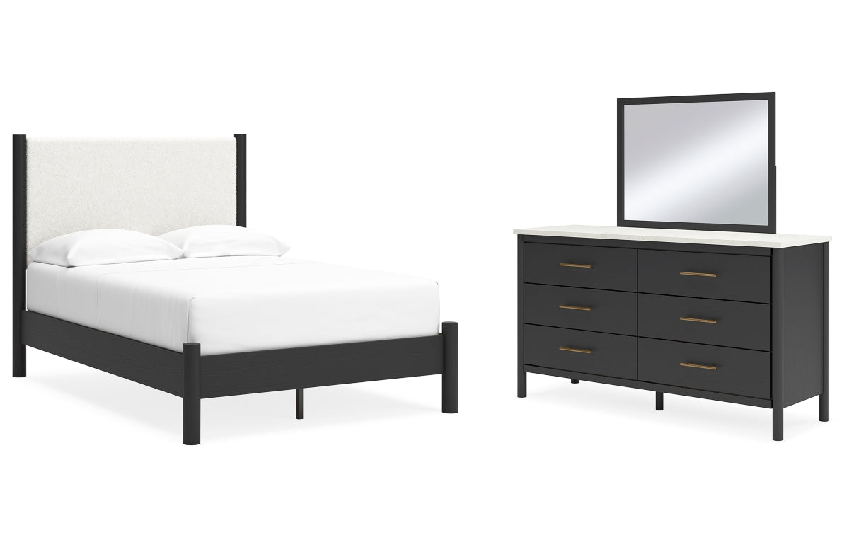 Cadmori Full Upholstered Panel Bed with Mirrored Dresser