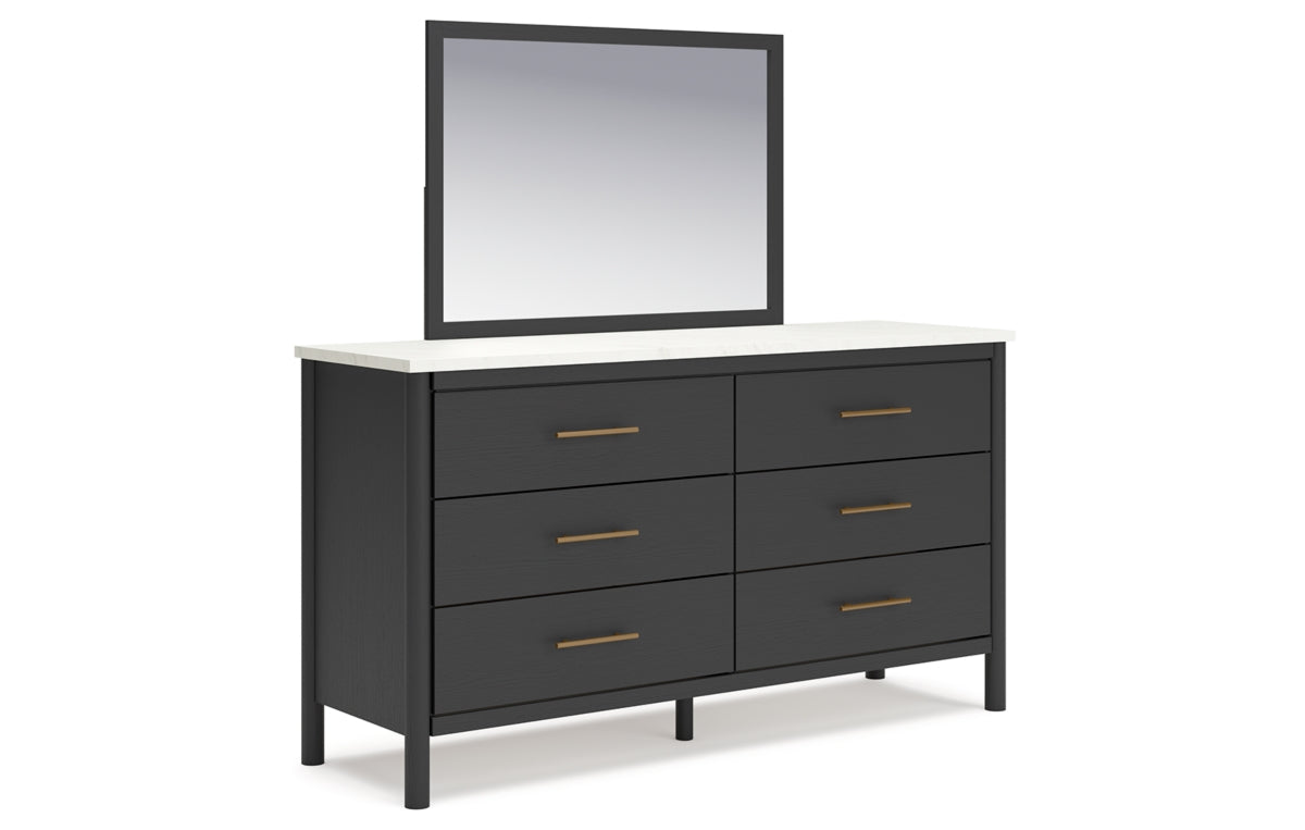 Cadmori Queen Upholstered Panel Bed with Mirrored Dresser, Chest and Nightstand
