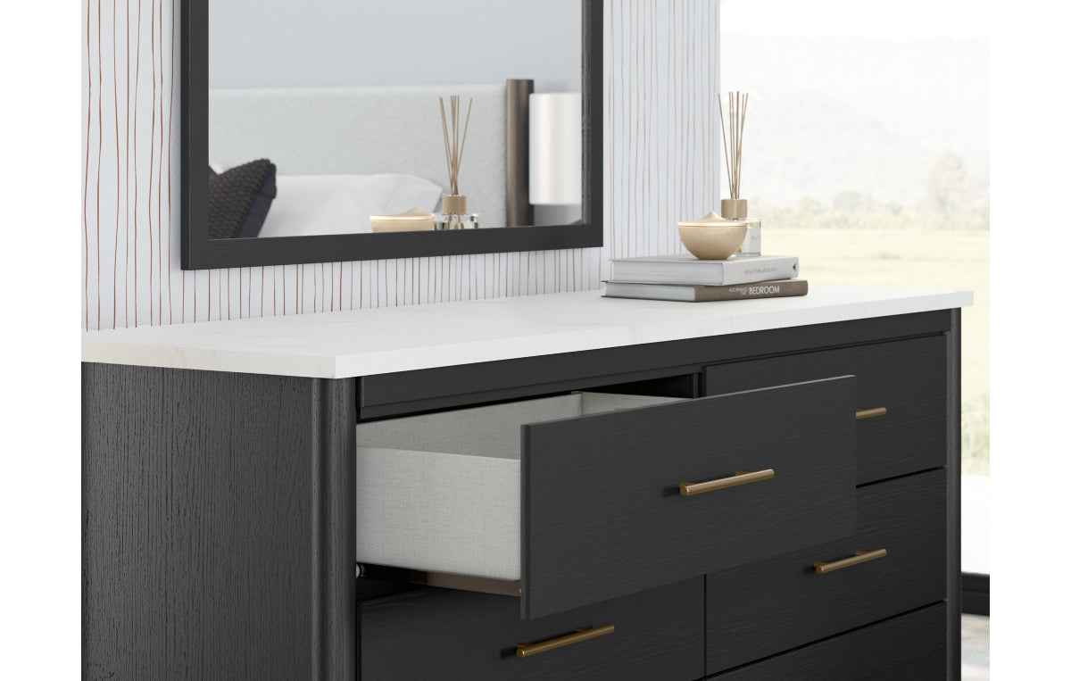 Cadmori Full Upholstered Panel Bed with Mirrored Dresser, Chest and Nightstand
