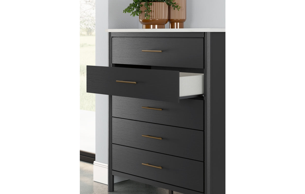 Cadmori King Upholstered Panel Bed with Mirrored Dresser, Chest and Nightstand