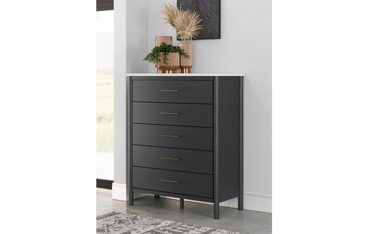 Cadmori Queen Upholstered Panel Bed with Mirrored Dresser, Chest and Nightstand