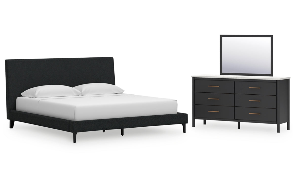 Cadmori King Upholstered Bed with Mirrored Dresser