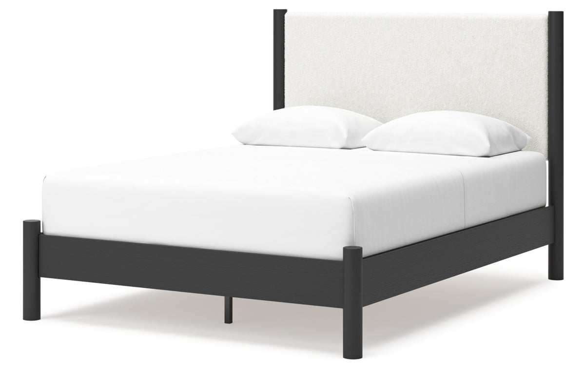 Cadmori Queen Upholstered Panel Bed with Mirrored Dresser and Chest