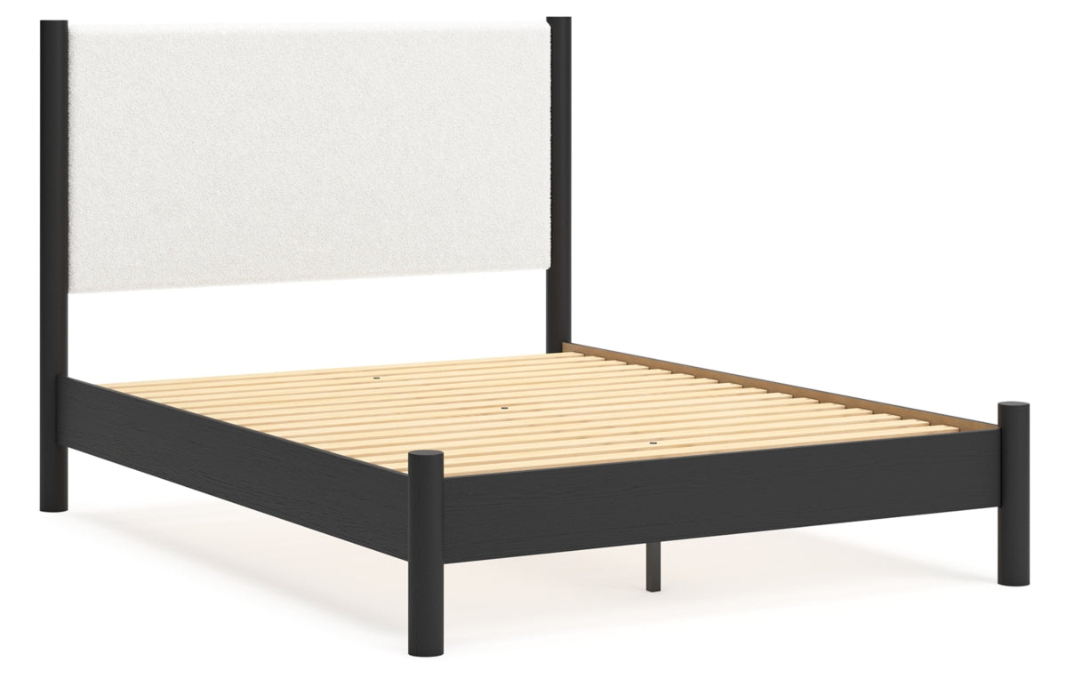 Cadmori Queen Upholstered Panel Bed with Mirrored Dresser, Chest and Nightstand