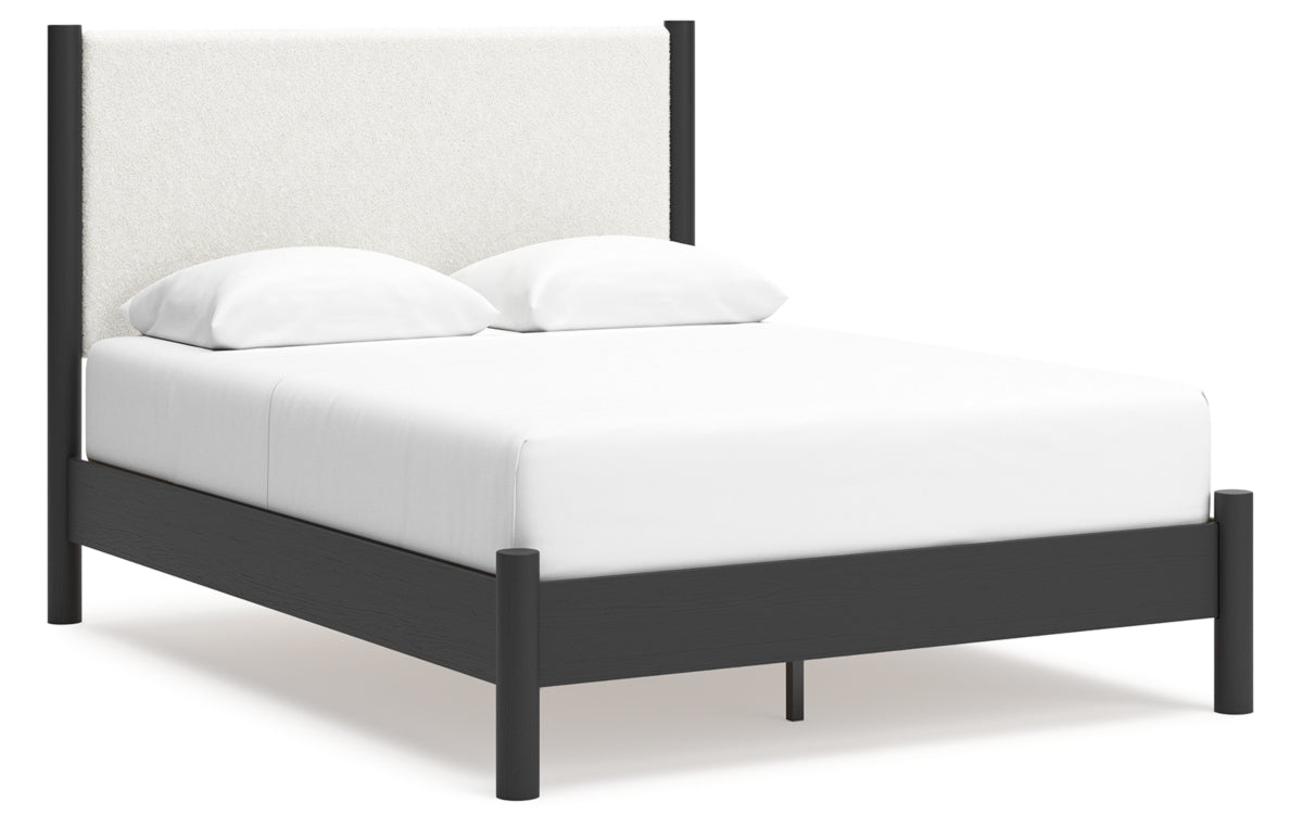 Cadmori Queen Upholstered Panel Bed with Mirrored Dresser and Nightstand