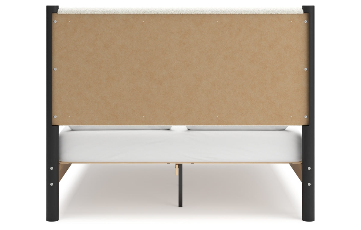 Cadmori Queen Upholstered Panel Bed with Mirrored Dresser and Nightstand