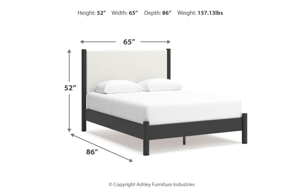 Cadmori Queen Upholstered Panel Bed with Mirrored Dresser and Nightstand