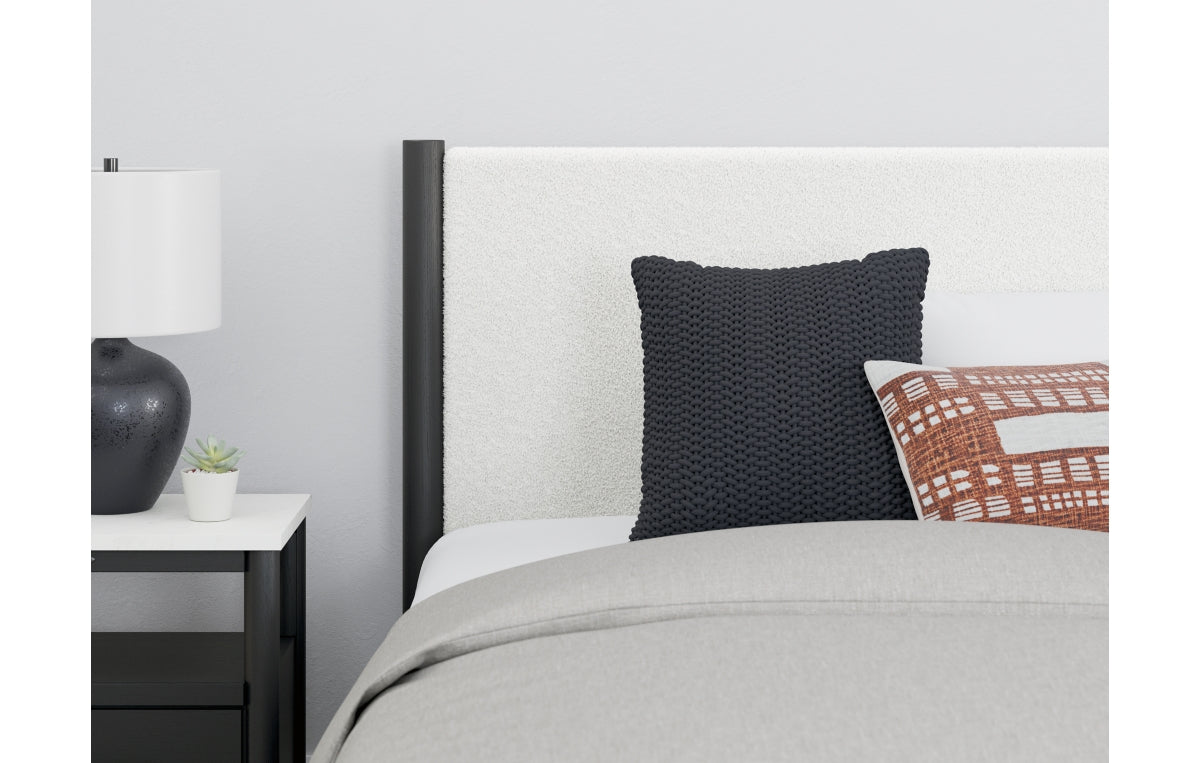 Cadmori Queen Upholstered Panel Bed with Mirrored Dresser, Chest and Nightstand