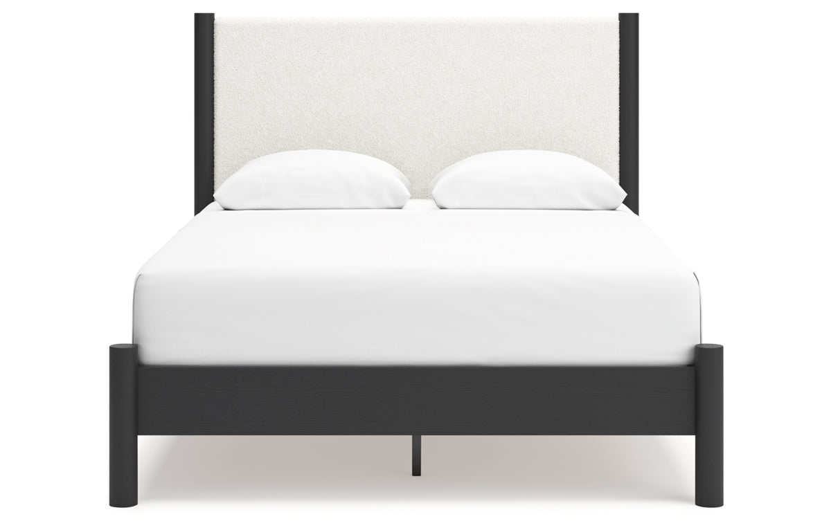 Cadmori Queen Upholstered Panel Bed with Mirrored Dresser and Nightstand