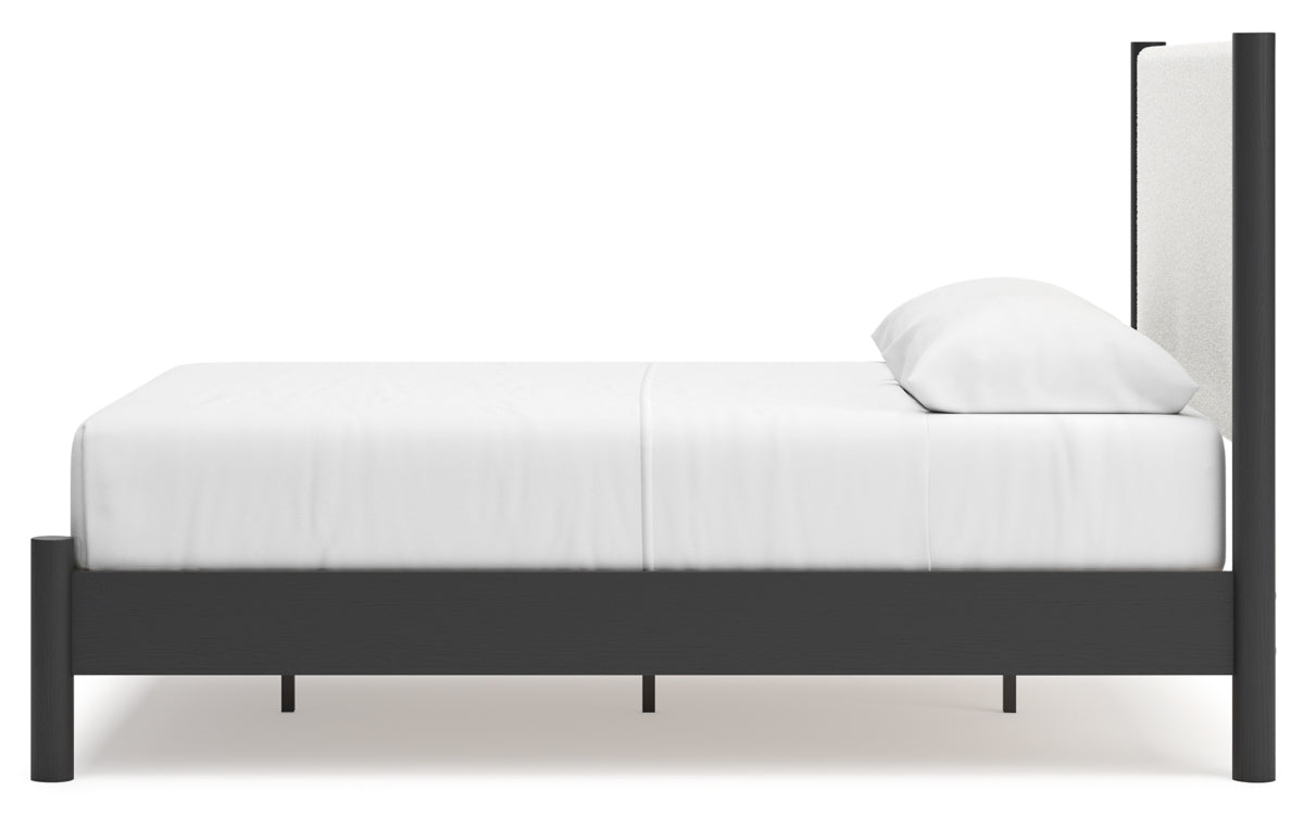Cadmori Queen Upholstered Panel Bed with Mirrored Dresser and Chest