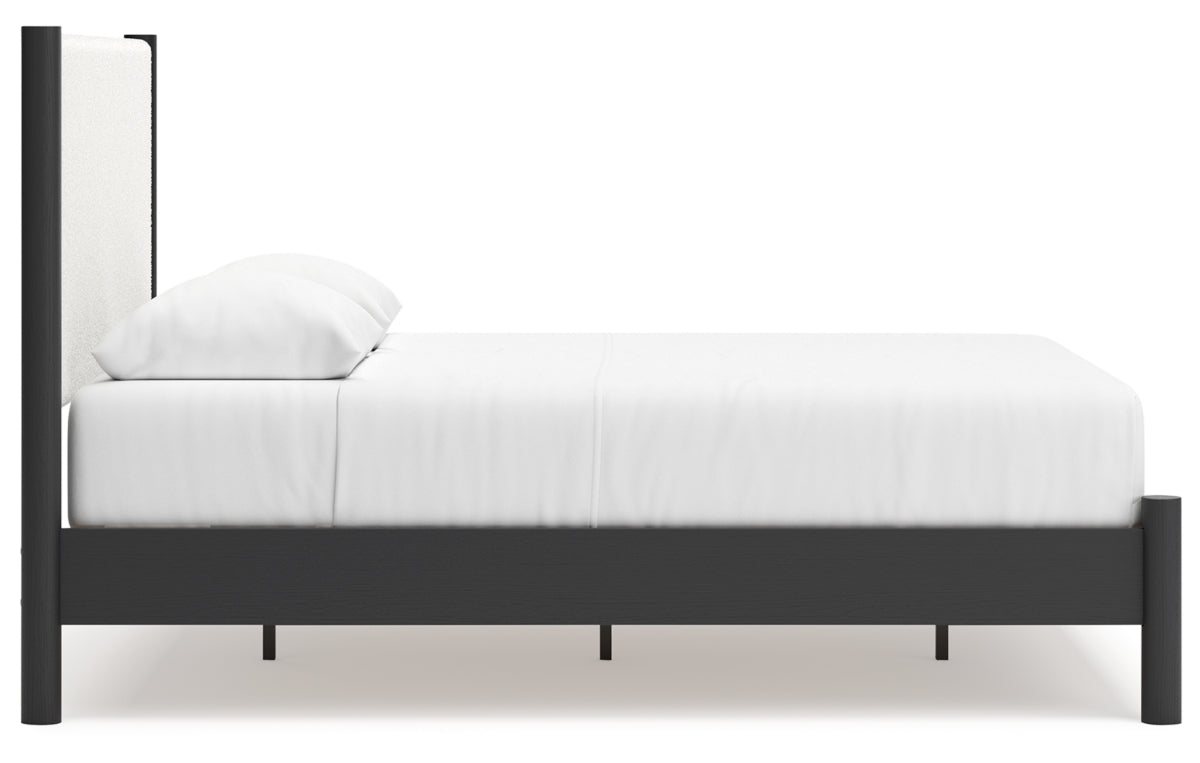 Cadmori Queen Upholstered Panel Bed with Mirrored Dresser and Nightstand