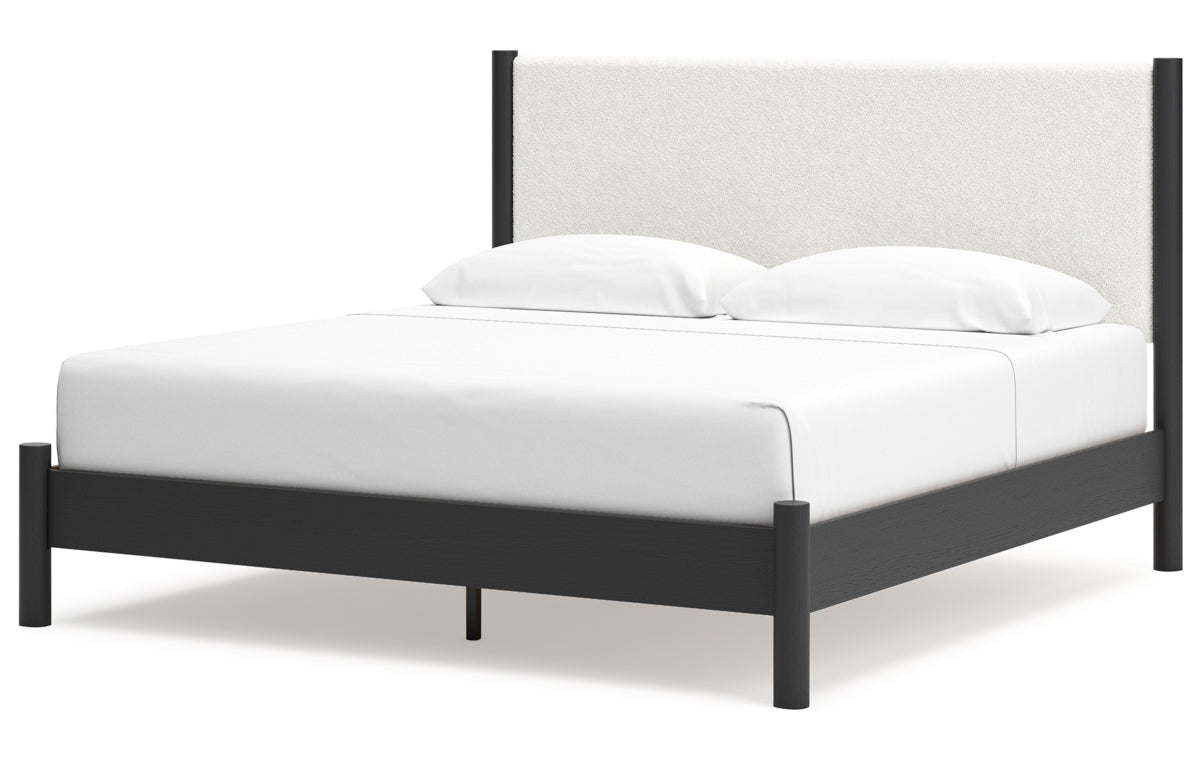 Cadmori King Upholstered Panel Bed with Mirrored Dresser, Chest and Nightstand