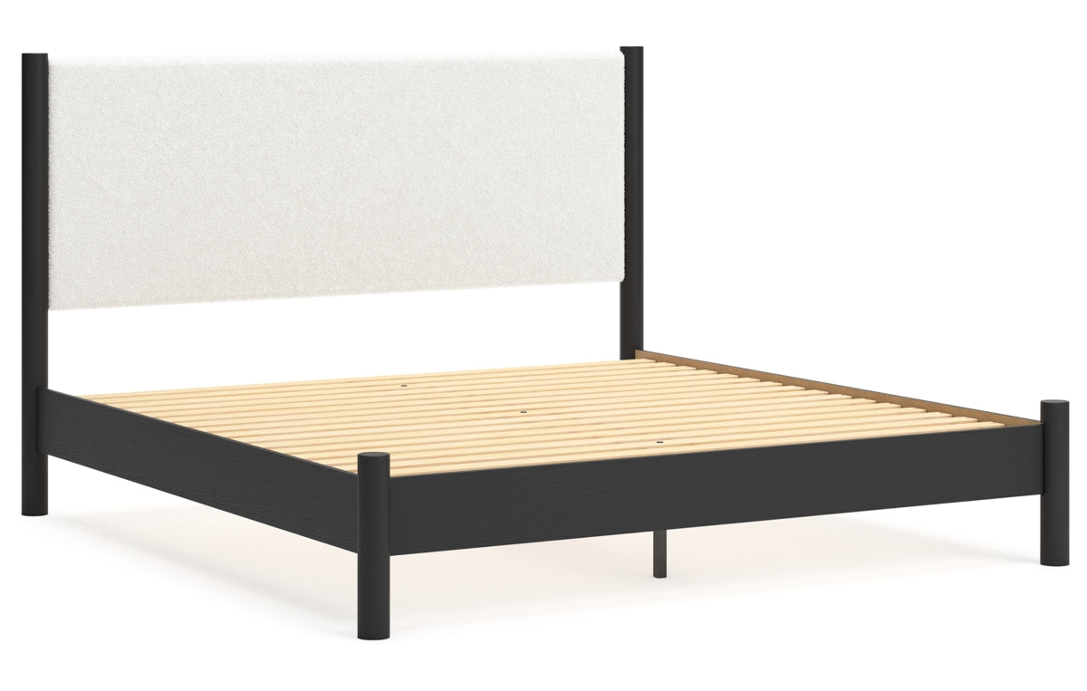 Cadmori King Upholstered Panel Bed with Mirrored Dresser, Chest and Nightstand