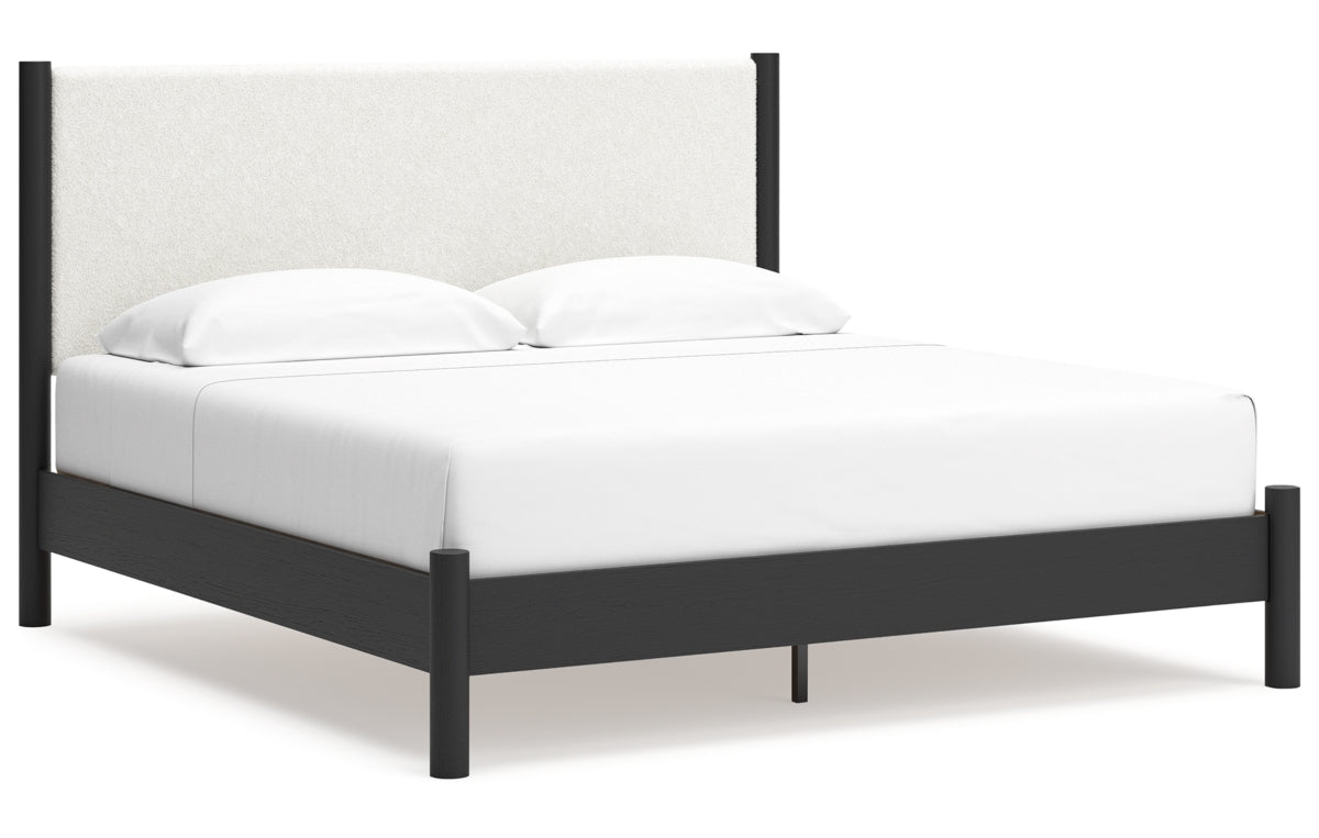 Cadmori King Upholstered Panel Bed with Mirrored Dresser