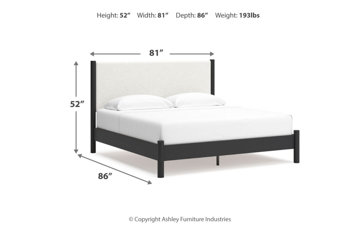 Cadmori King Upholstered Panel Bed with Mirrored Dresser, Chest and Nightstand