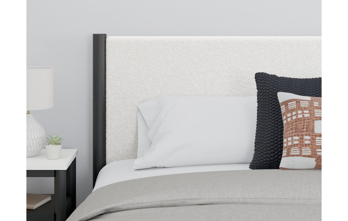 Cadmori King Upholstered Panel Bed with Mirrored Dresser, Chest and Nightstand