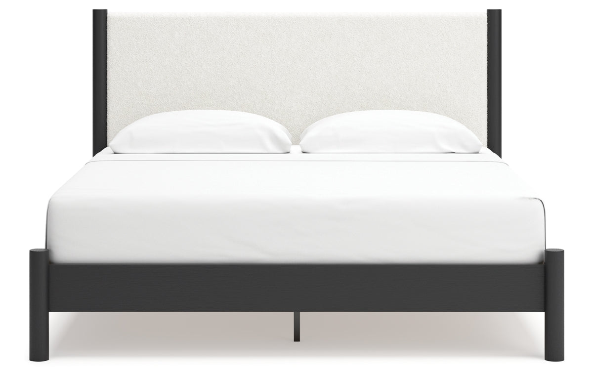 Cadmori King Upholstered Panel Bed with Mirrored Dresser and Nightstand
