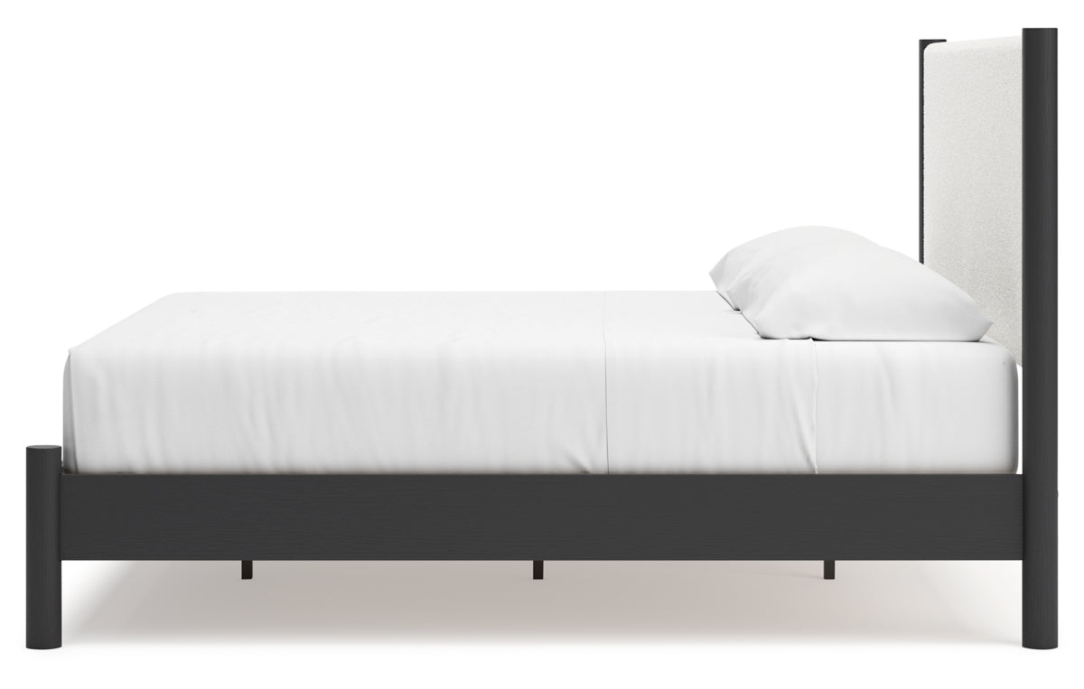 Cadmori King Upholstered Panel Bed with Mirrored Dresser and Nightstand