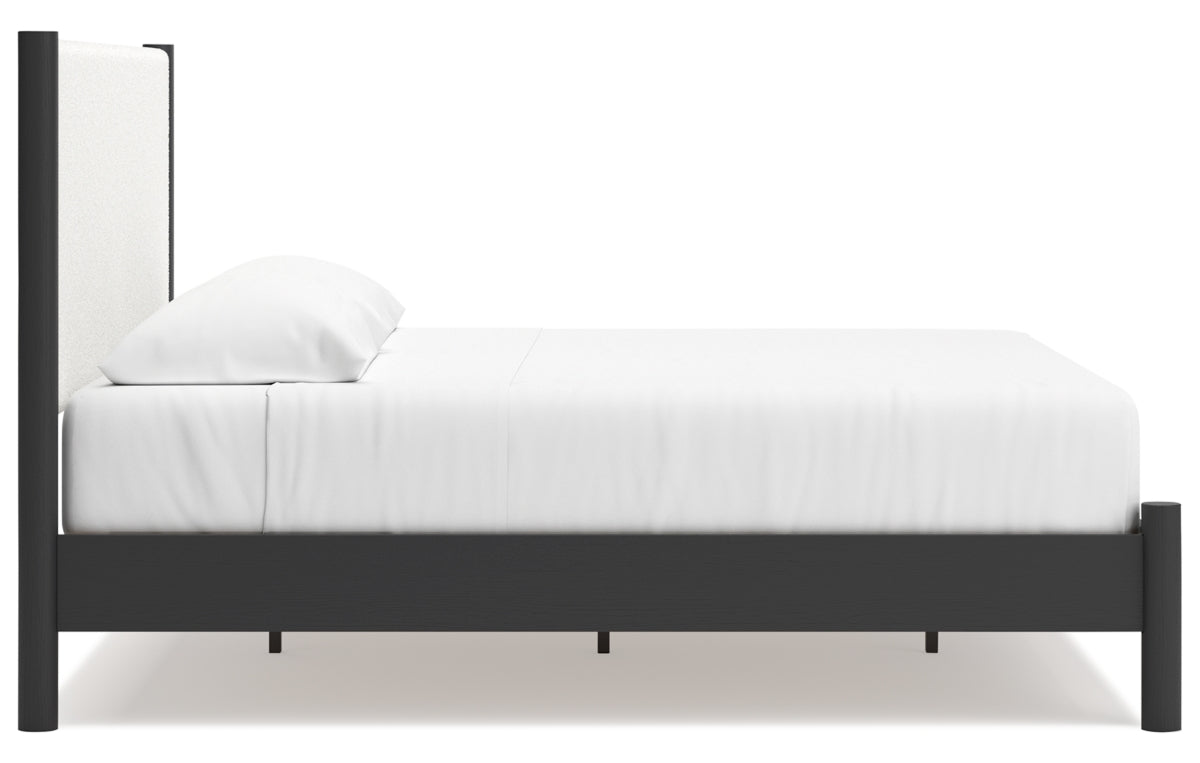 Cadmori King Upholstered Panel Bed with Mirrored Dresser