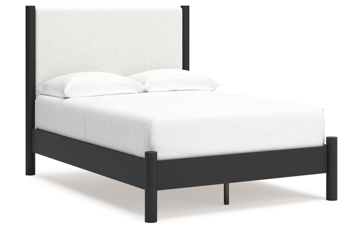 Cadmori Full Upholstered Panel Bed with Mirrored Dresser and Chest