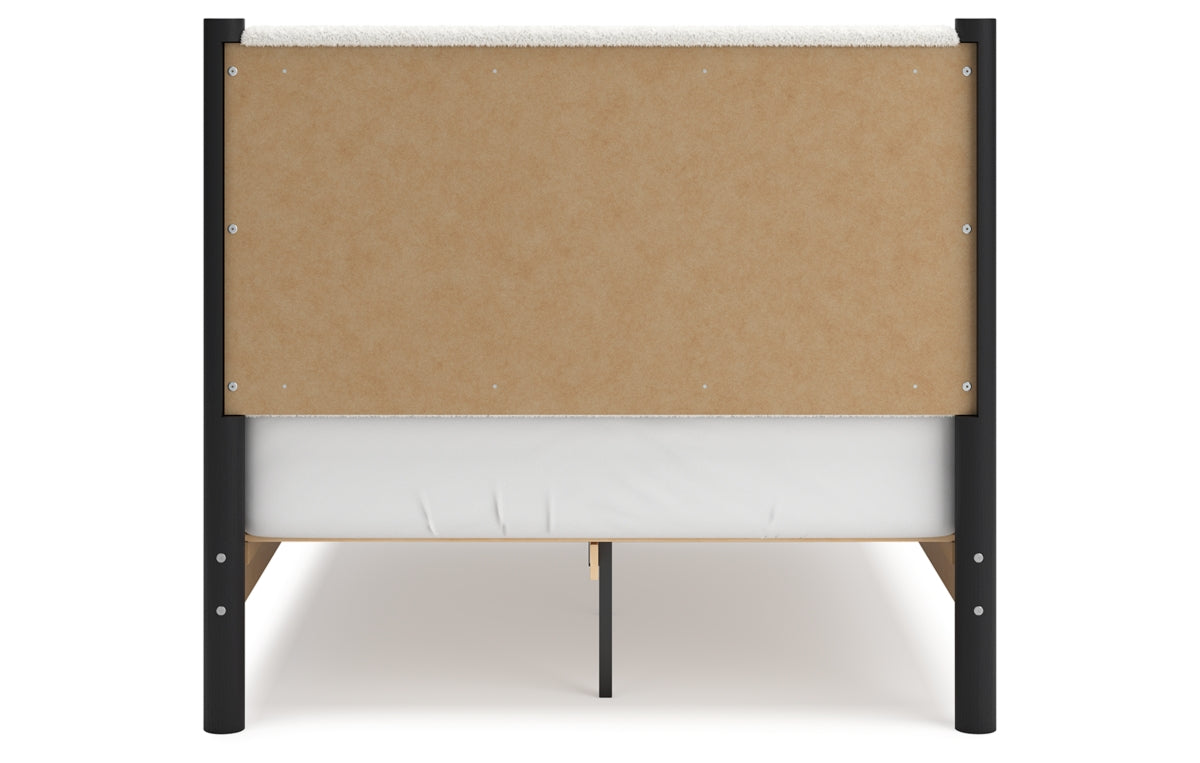 Cadmori Full Upholstered Panel Bed with Mirrored Dresser, Chest and Nightstand