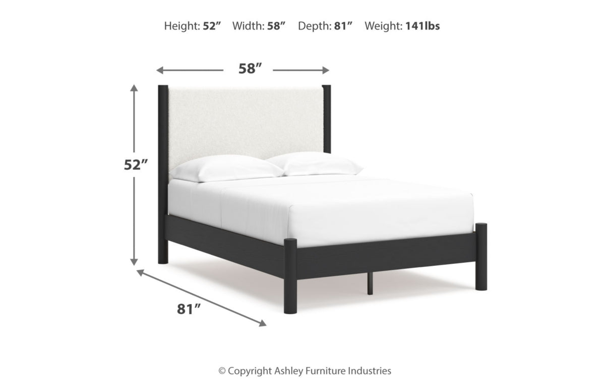 Cadmori Full Upholstered Panel Bed with Mirrored Dresser, Chest and Nightstand