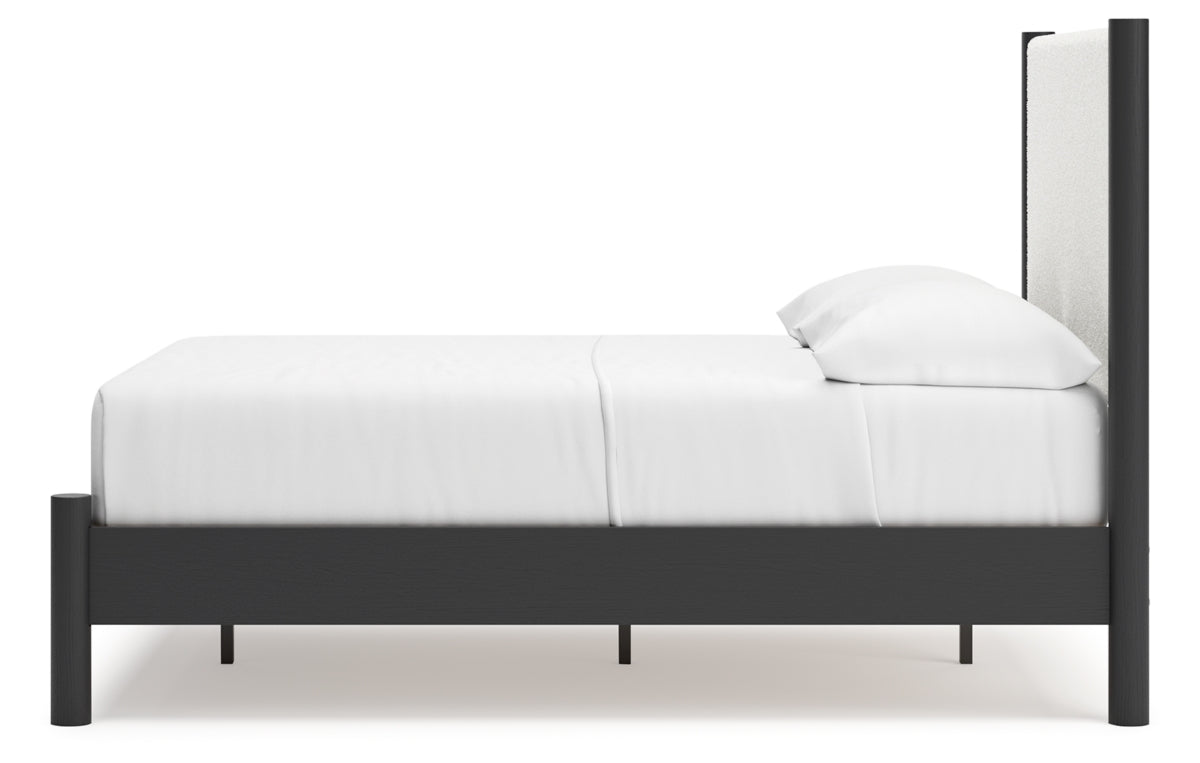 Cadmori Full Upholstered Panel Bed with Mirrored Dresser and Chest