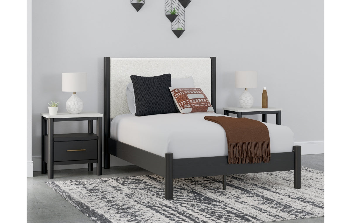 Cadmori Full Upholstered Panel Bed with Mirrored Dresser, Chest and Nightstand