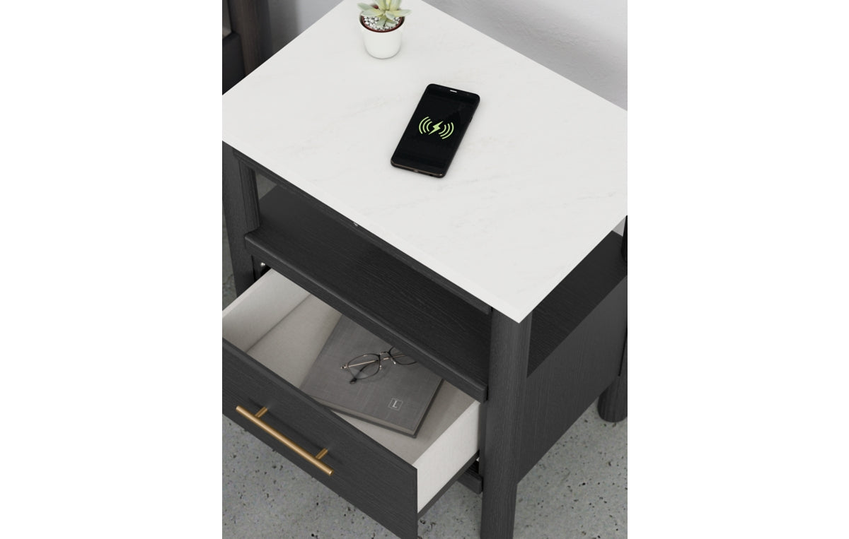 Cadmori King Upholstered Panel Bed with Mirrored Dresser, Chest and Nightstand