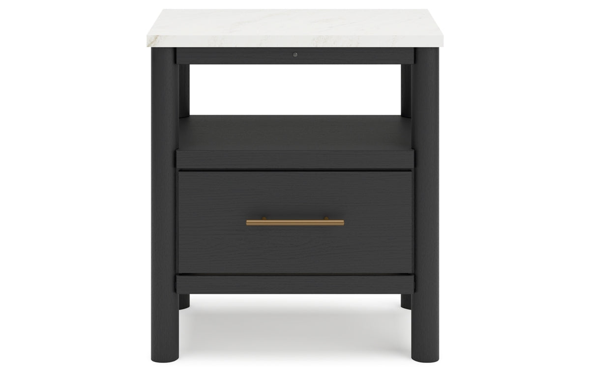 Cadmori Queen Upholstered Panel Bed with Mirrored Dresser, Chest and Nightstand