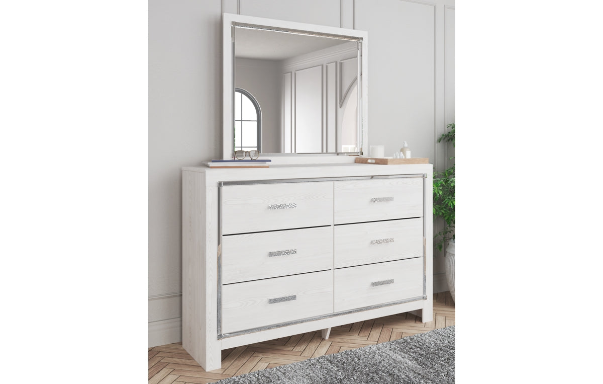 Altyra Queen Upholstered Storage Bed with Mirrored Dresser and Nightstand