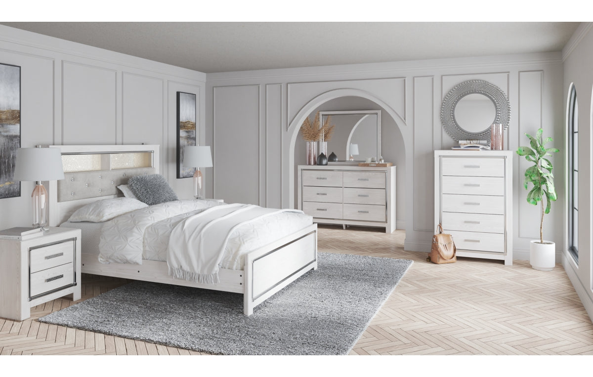 Altyra Queen Panel Bookcase Bed with Mirrored Dresser and Chest