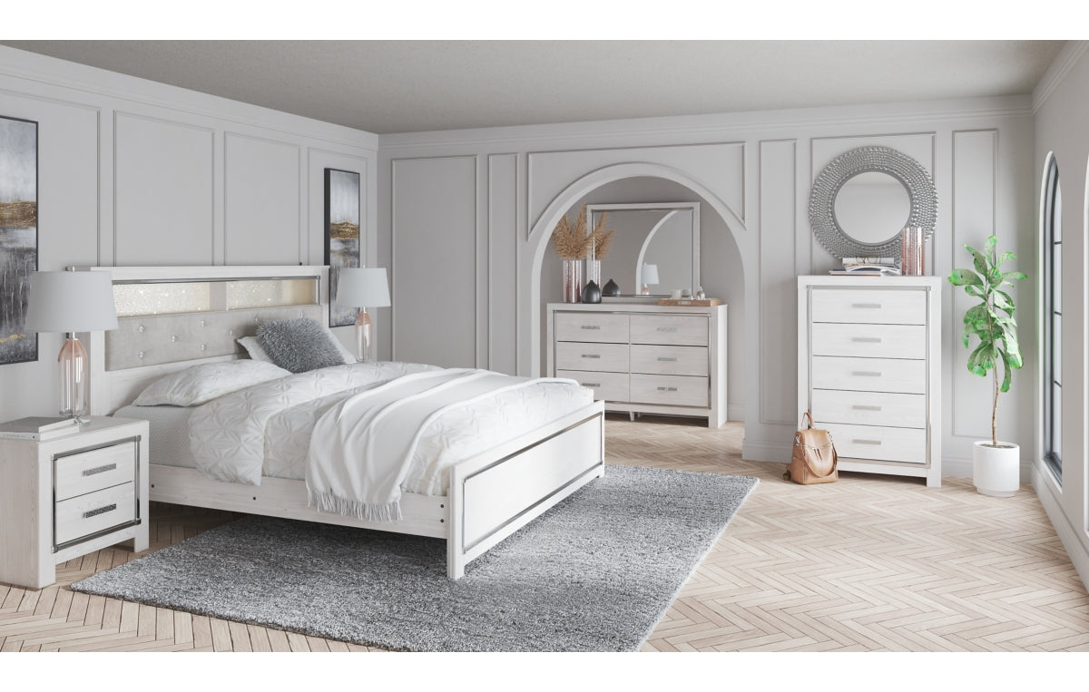 Altyra King Panel Bookcase Bed with Mirrored Dresser, Chest and Nightstand