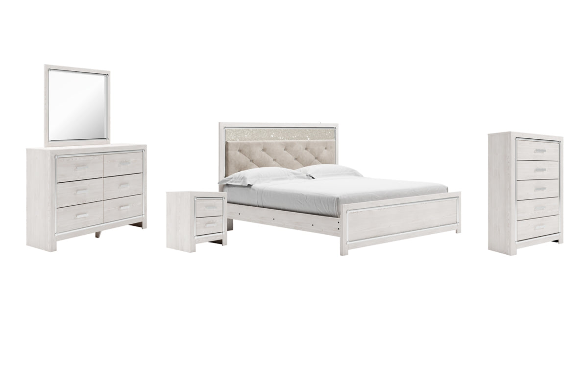 Altyra King Panel Bed with Mirrored Dresser, Chest and Nightstand