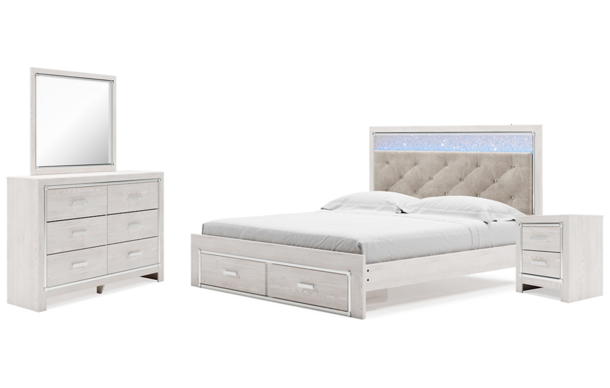 Altyra King Upholstered Storage Bed with Mirrored Dresser and Nightstand