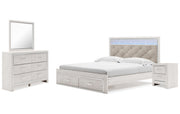 Altyra King Upholstered Storage Bed with Mirrored Dresser and Nightstand