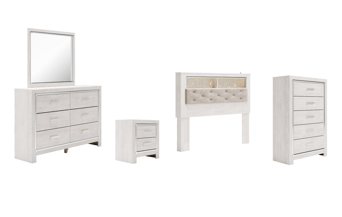 Altyra Queen Bookcase Headboard with Mirrored Dresser, Chest and Nightstand