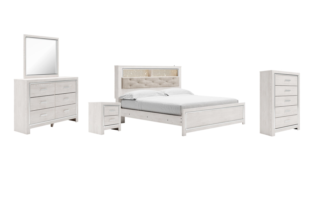 Altyra King Panel Bookcase Bed with Mirrored Dresser, Chest and Nightstand