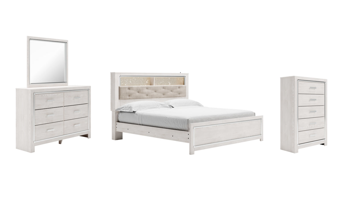 Altyra King Panel Bookcase Bed with Mirrored Dresser and Chest