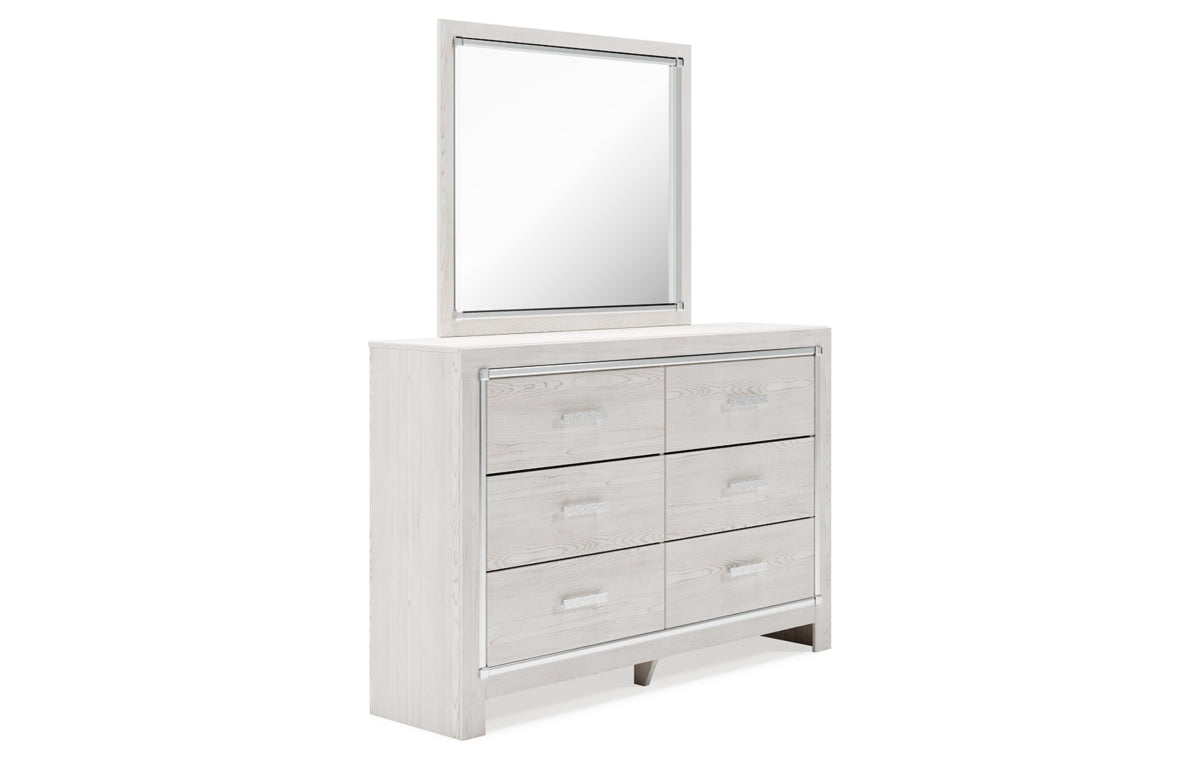 Altyra Queen Upholstered Storage Bed with Mirrored Dresser and Nightstand