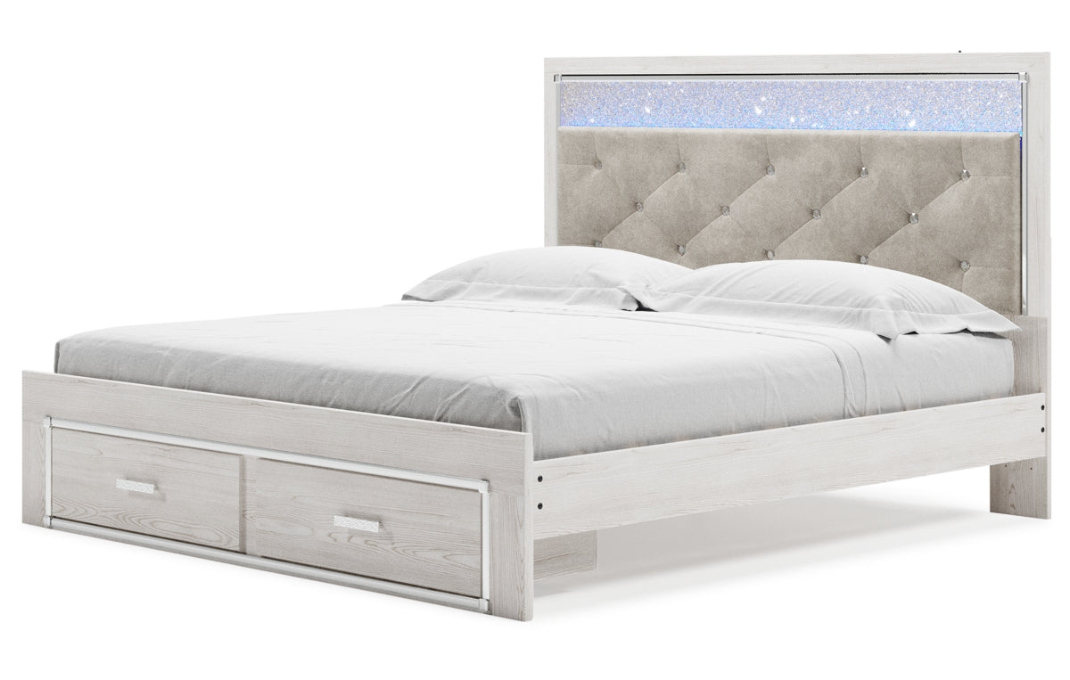 Altyra King Upholstered Storage Bed with Mirrored Dresser and Nightstand