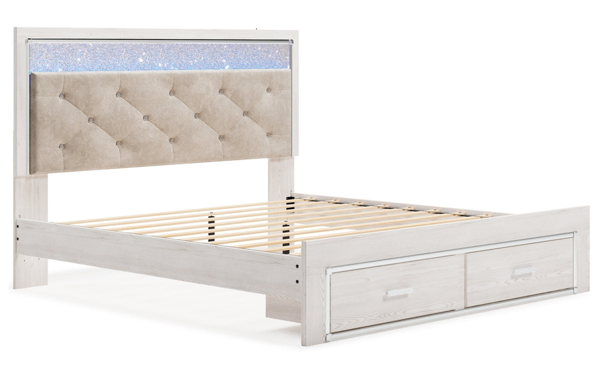 Altyra King Upholstered Storage Bed with Mirrored Dresser and Nightstand
